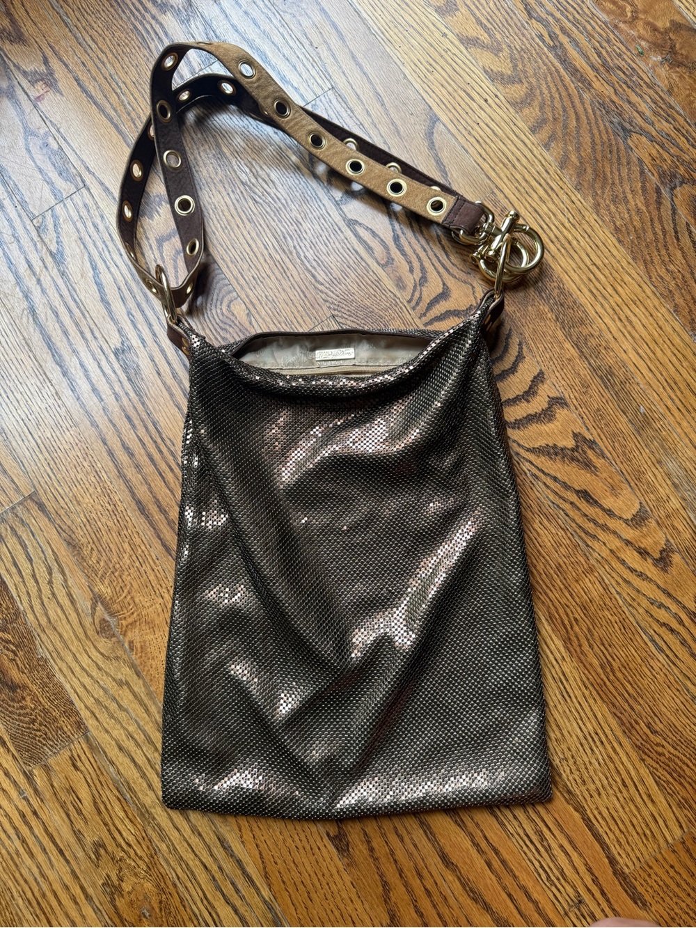 Y2K Metallic Gold Brown Mesh Crossbody Bag with Grommet Strap Whiting & Davis